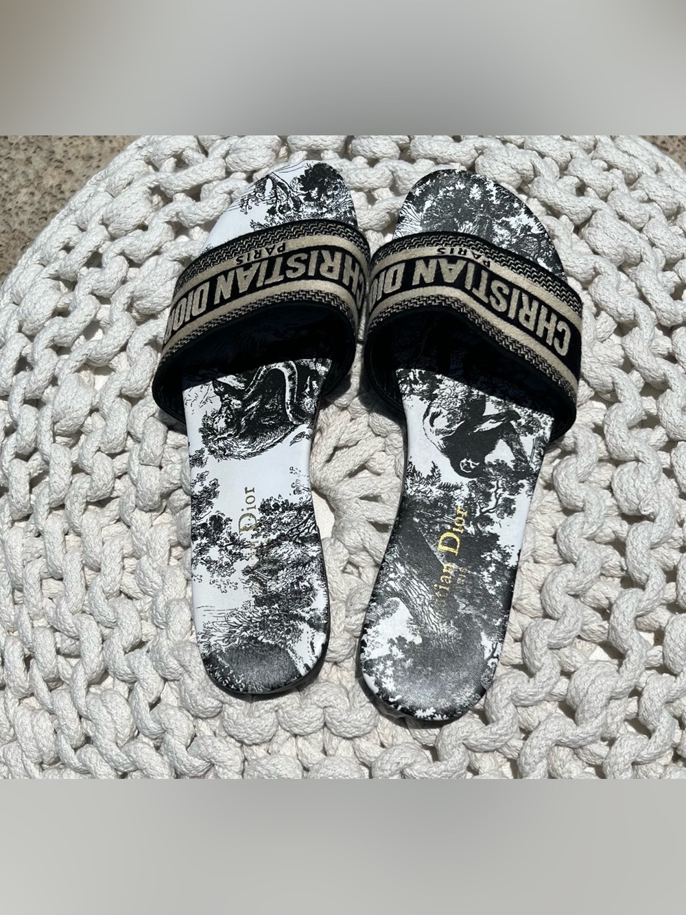 Authentic Christian Dior Embroidered Dway Canvas Toile De Jouy Slide Mules